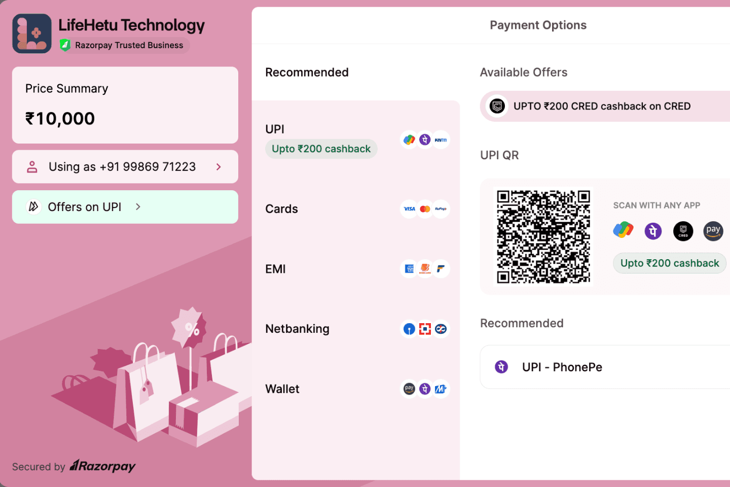 Payment options presented to a client paying LifeHetu Technology through the integrated payment gateway