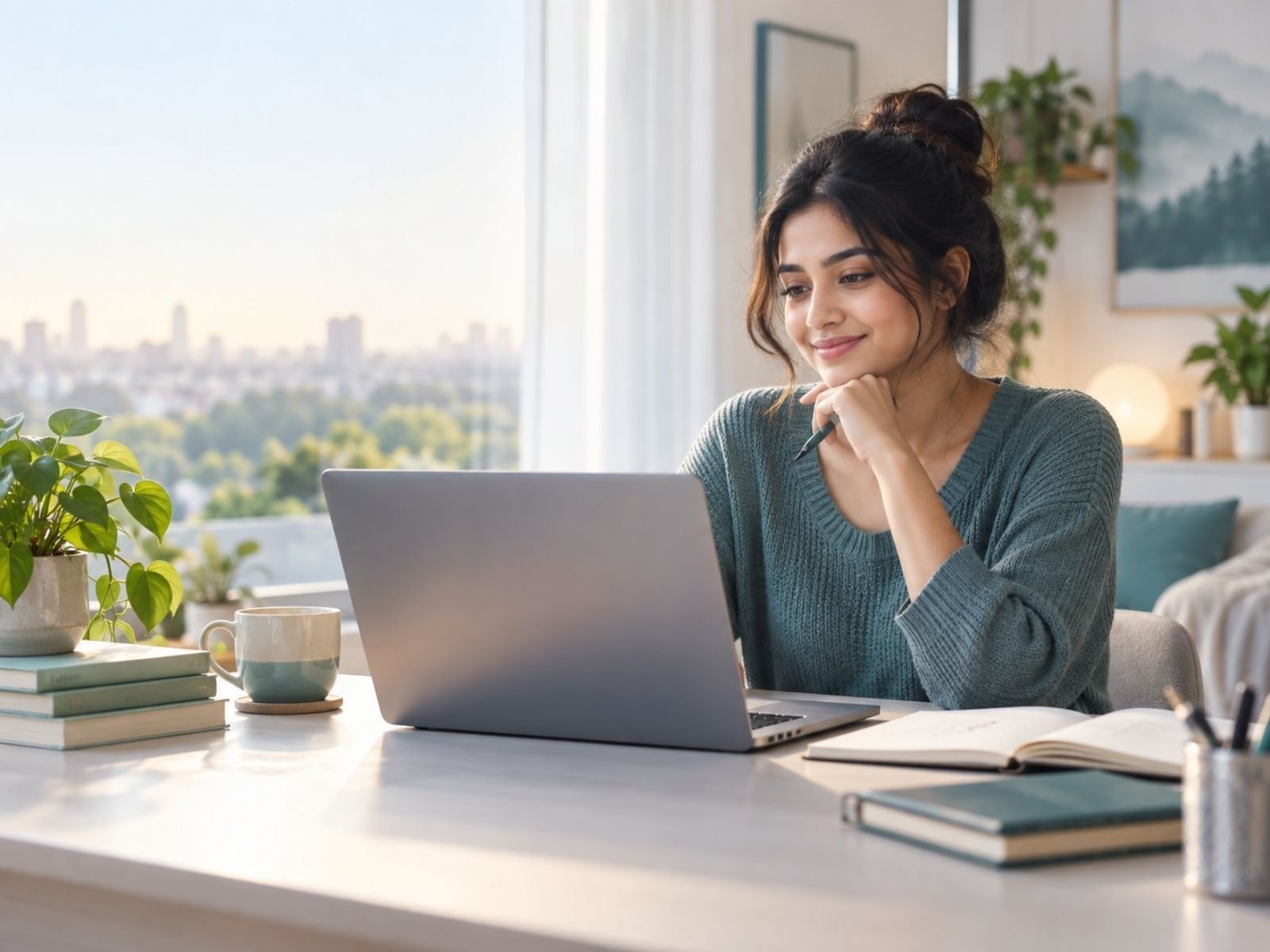 A woman at a desk with a laptop and notebooks, thinking through a career decision during an online session.
