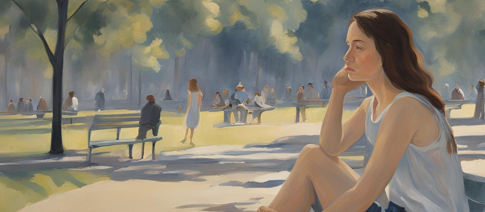A painted scene of a woman sitting quietly in a park while other people pass by.