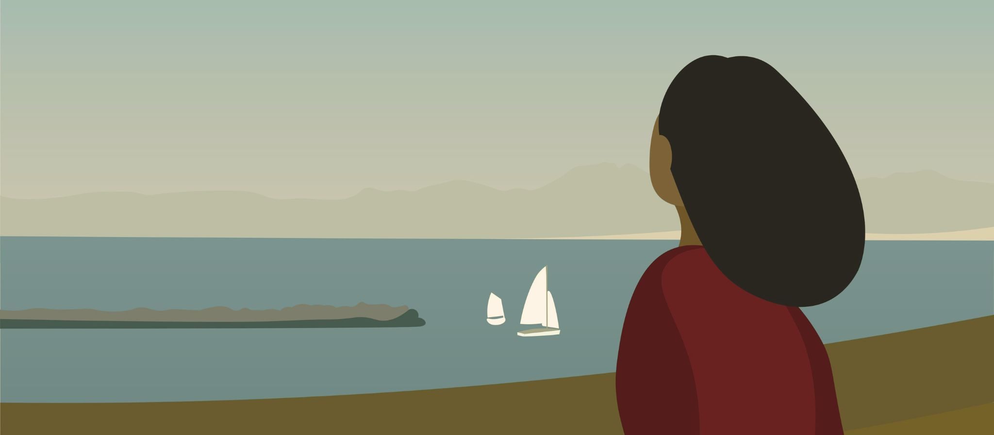 An illustration of a woman looking out over calm water towards distant sailboats and hills.