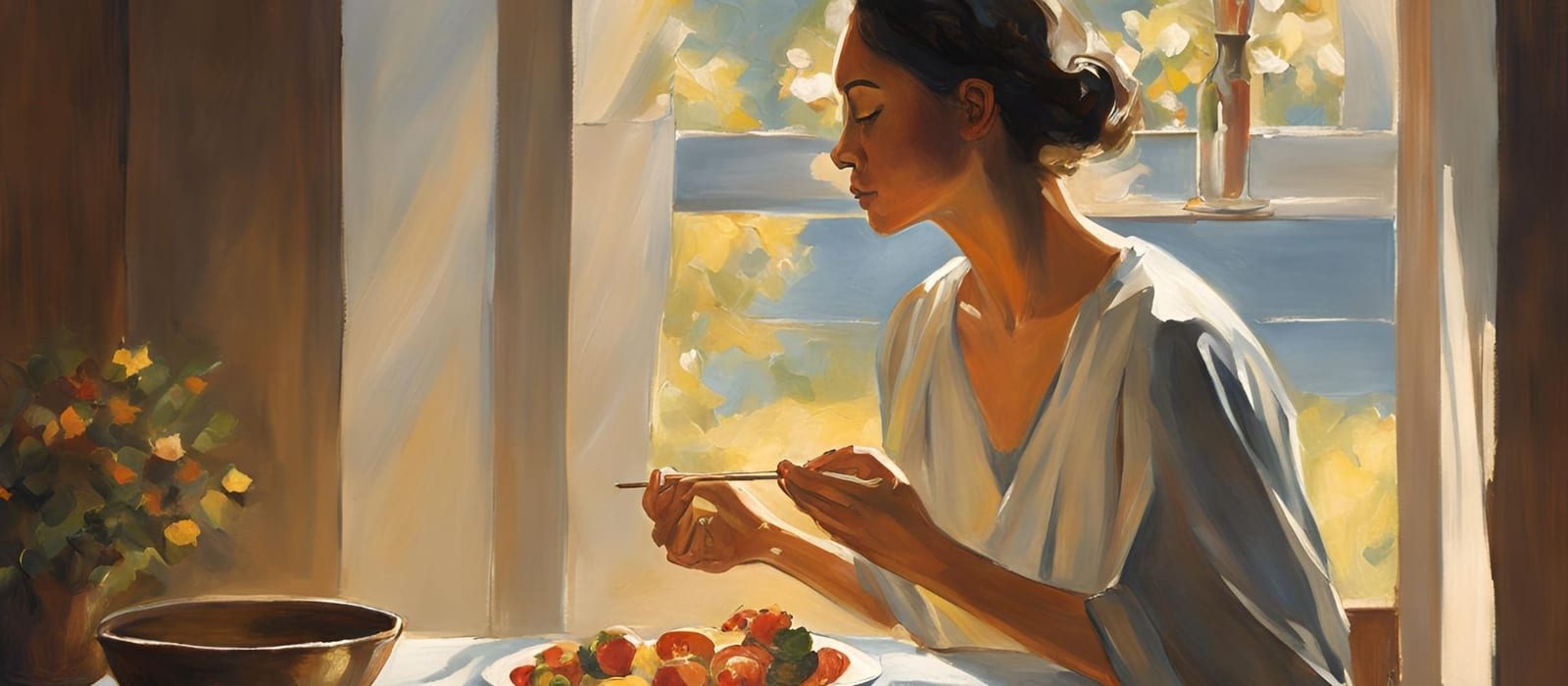 A painted scene of a woman sitting at a table by a sunlit window with a plate of food.