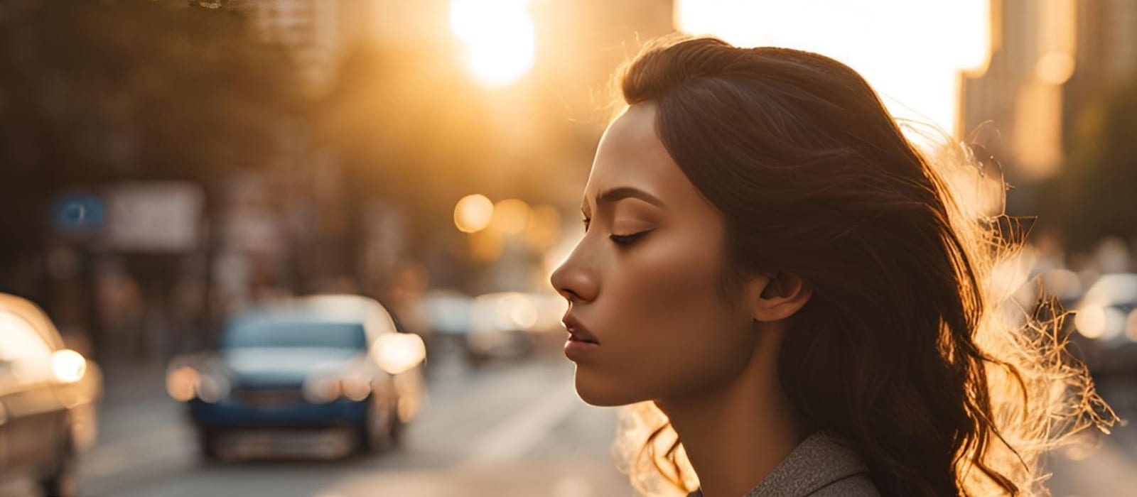 A woman standing on a city street in warm evening light, eyes closed, pausing for a moment.