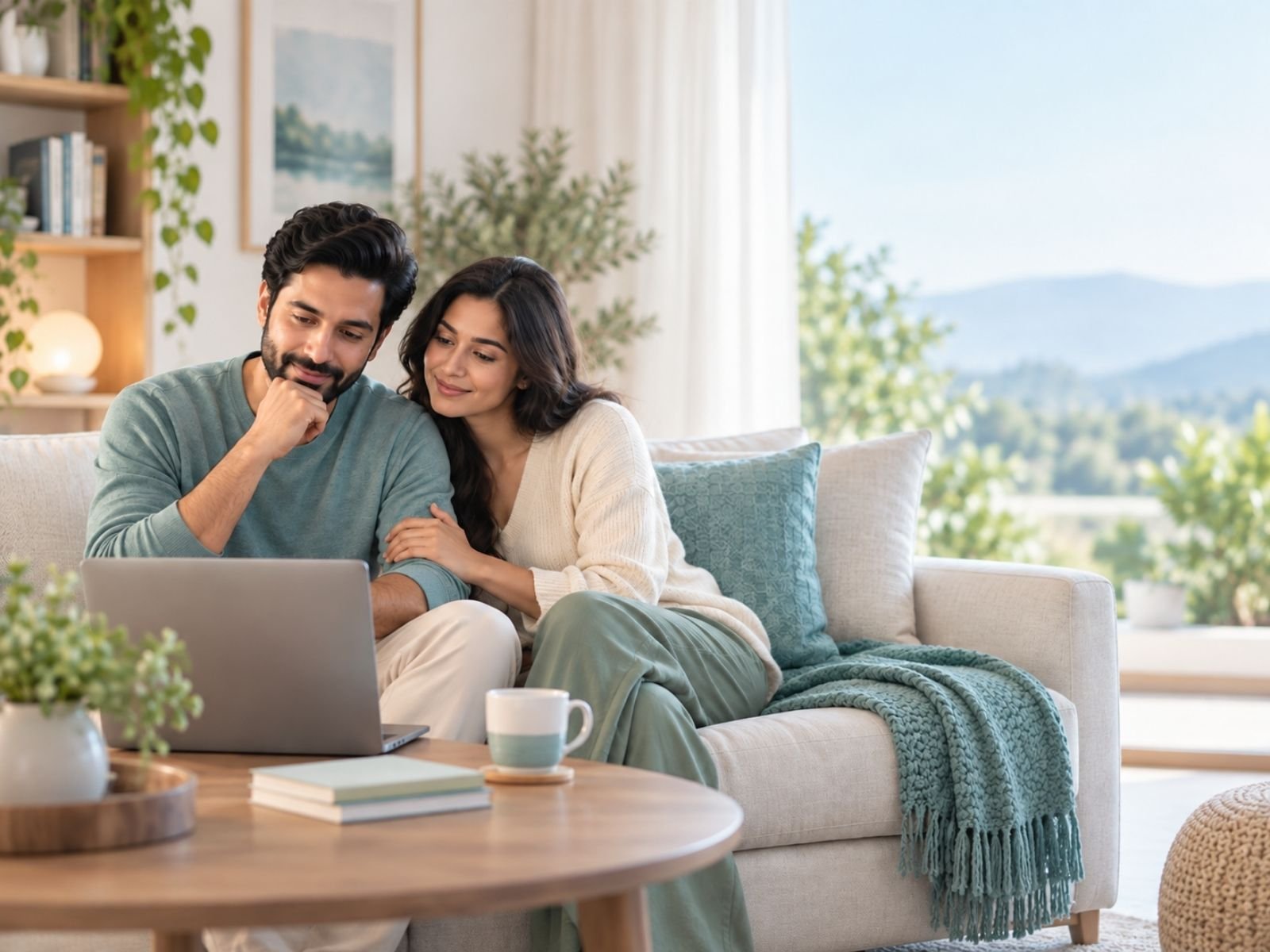 A couple sitting together at home, looking at a laptop during an online counselling session.