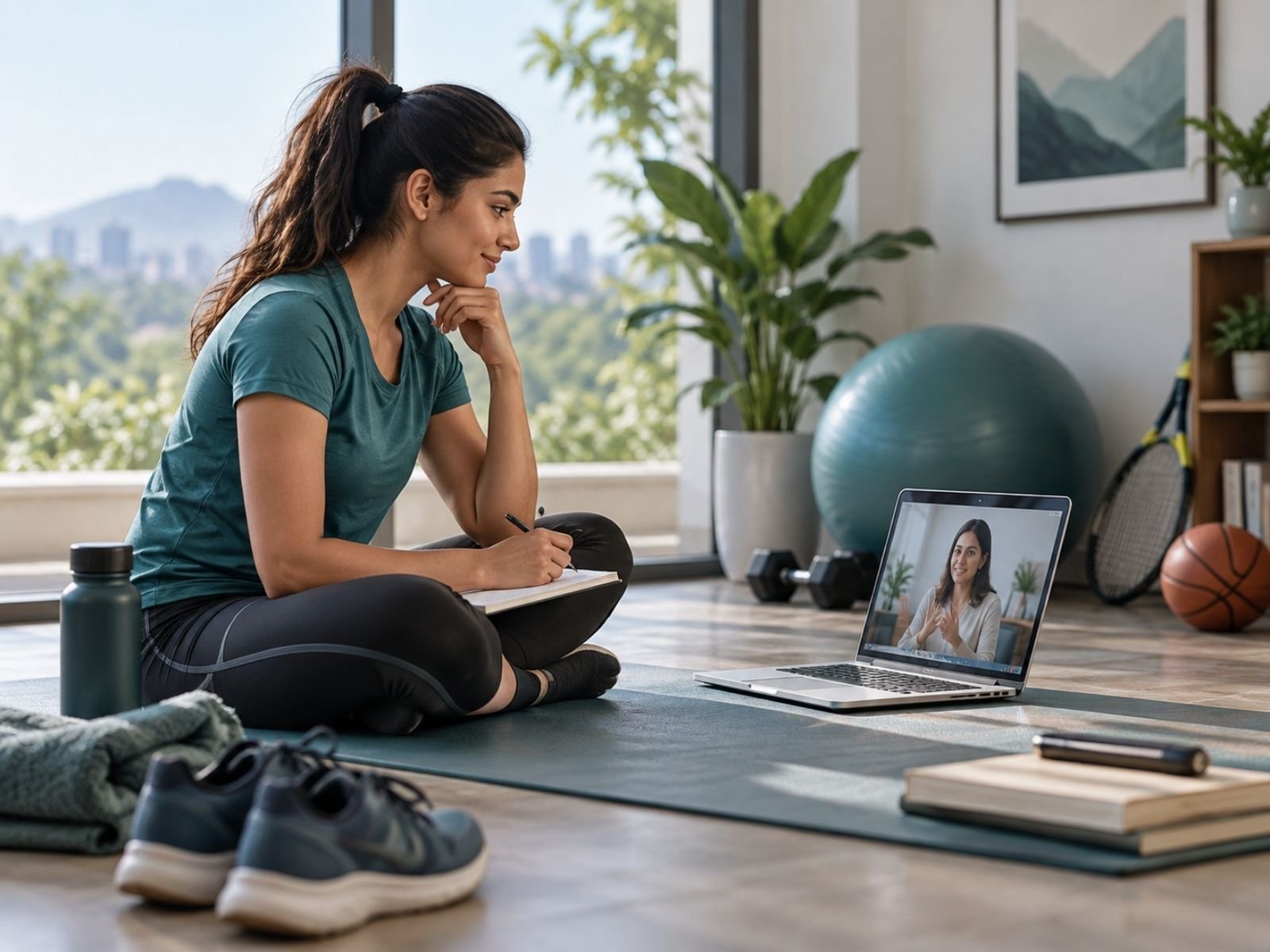 An athlete sitting on an exercise mat with a notebook, talking with a practitioner on a laptop during an online session.