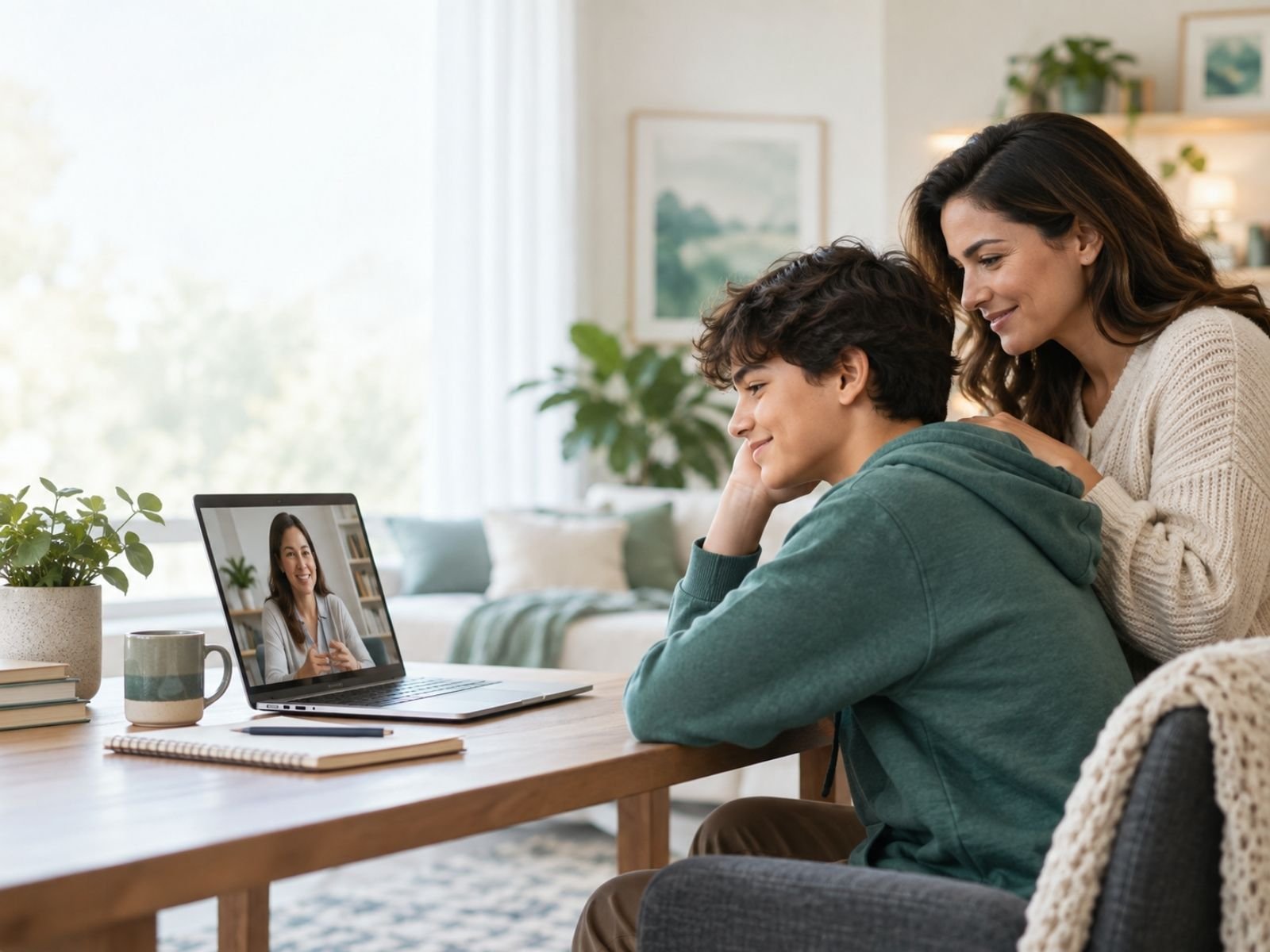 A teenager and a parent sitting together at home during an online counselling session, with the practitioner on the laptop screen.