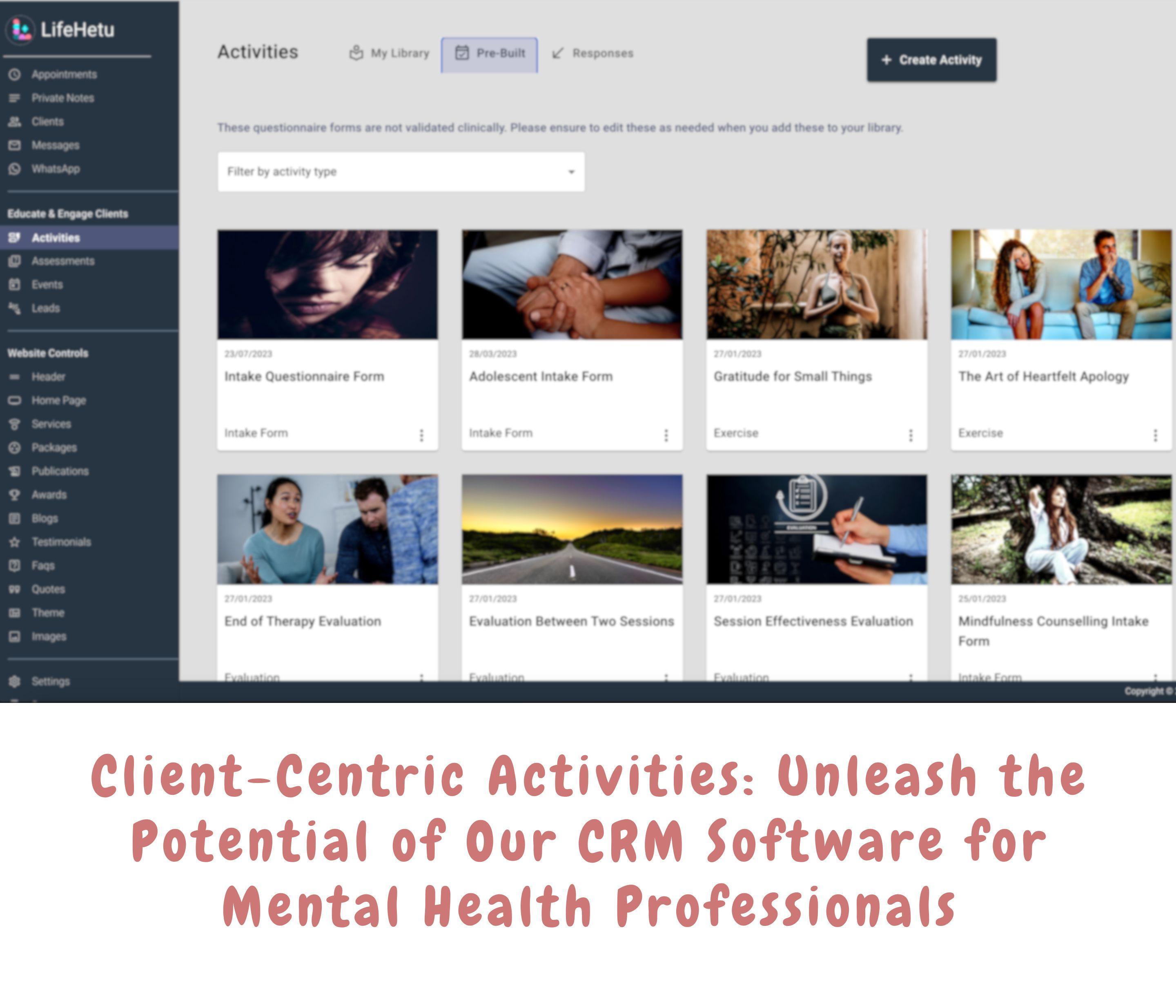 Client activities built and assigned in LifeHetu practice-management software