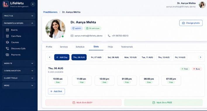 LifeHetu scheduling dashboard showing a monthly calendar, available time slots, upcoming appointments and practitioner availability